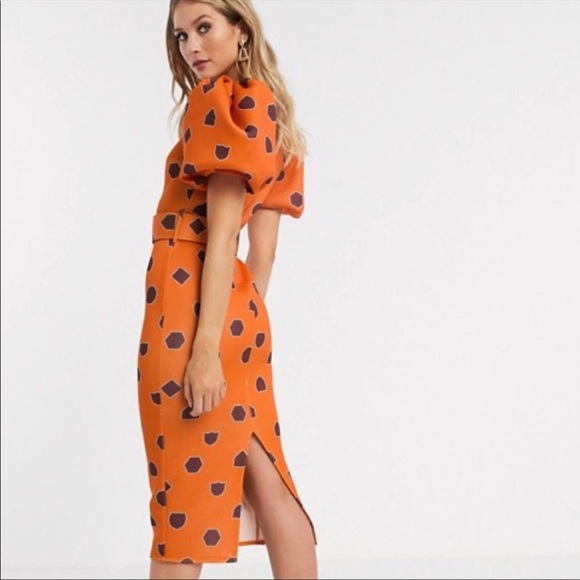 puff sleeve geometric print belted midi dress - Picture 4 of 4